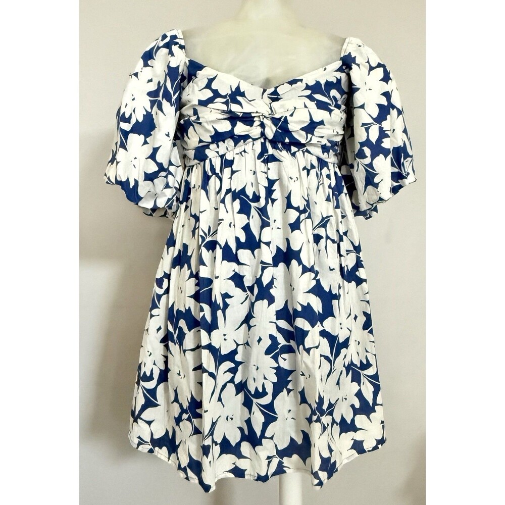 Trixxi Blue White Floral Print Bubble Sleeve Lined Short Dress Size L Cotton